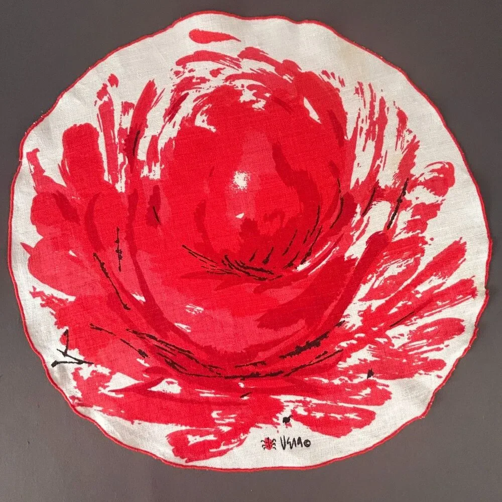 Vintage Vera Neumann Large Red Flower Linen Round Placemat Set of 4